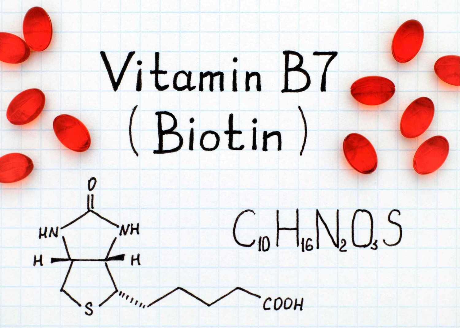 Illustration of the chemical structure of biotin (vitamin B7)