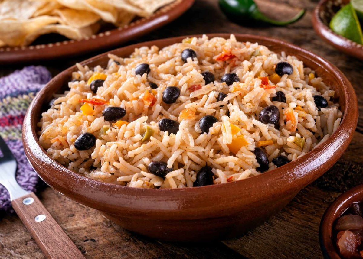 Bowl of gallo pinto (Costa Rican dish with black beans and rice)