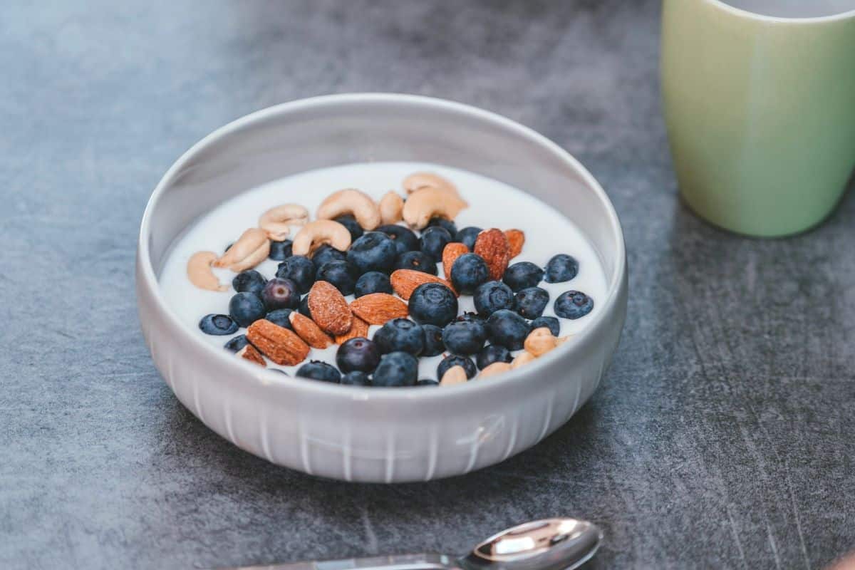 Bowl with non-dairy yogurt, blueberries, almonds, and cashews